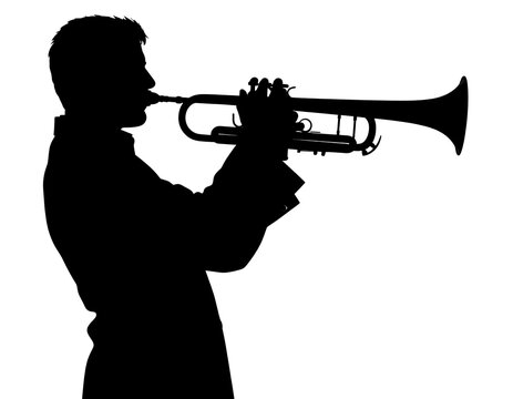 A silhouette depicts a person playing a brass instrument. The musician holds the instrument up and is focused in performance