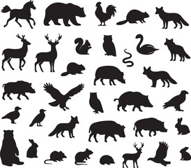 Obraz premium Diverse collection of black silhouette animals and birds in artistic arrangement