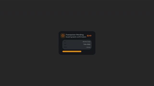 Transaction pending animation with progress bar and payment details. Fintech UI card for payment processing, checkout status, banking apps, and SaaS dashboards. Loop, dark interface, alpha channel 