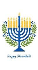 Obraz premium Blue hanukkah menorah with lit yellow candles and green olive branches on white background