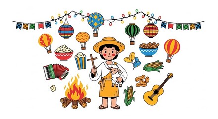 Fototapeta premium Autumn harvest festival scene with boy and hot air balloons illustration