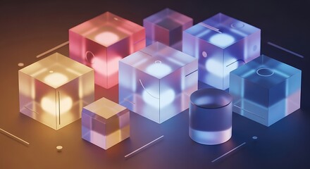 Fototapeta premium Abstract collection of glowing 3D glass cubes and shapes on dark background