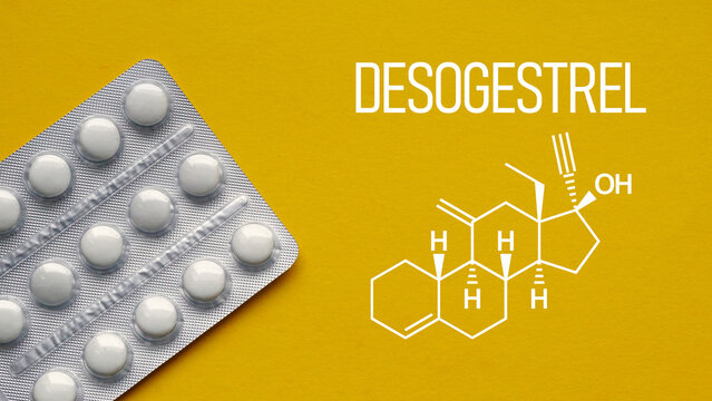 Desogestrel hormone concept, synthetic progestin used in oral contraceptives, women health, birth control medication, hormonal regulation, gynecology and pharmaceutical research background