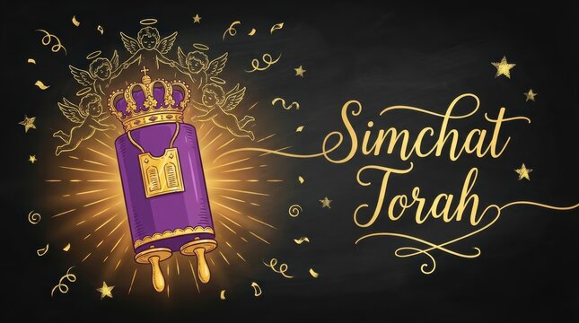 Simchat torah with purple scroll, gold crown, and angels on black