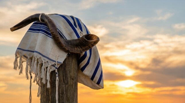 Shofar horn resting on a tallit prayer shawl atop a wooden post at sunset