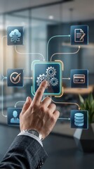 Fototapeta premium Businessman's hand interacting with a digital flowchart showing cloud gears document credit card and data icons