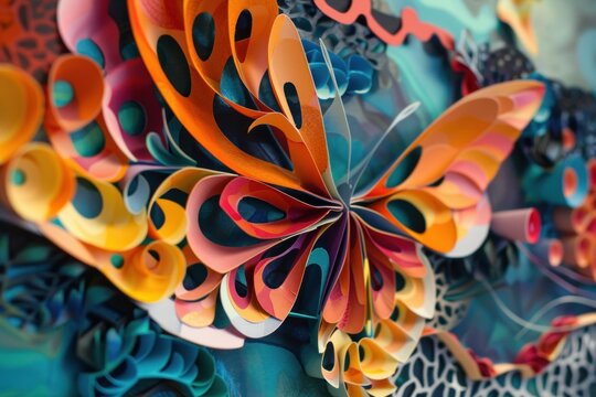Intricate paper art forming a vibrant butterfly amidst swirling shapes and colors