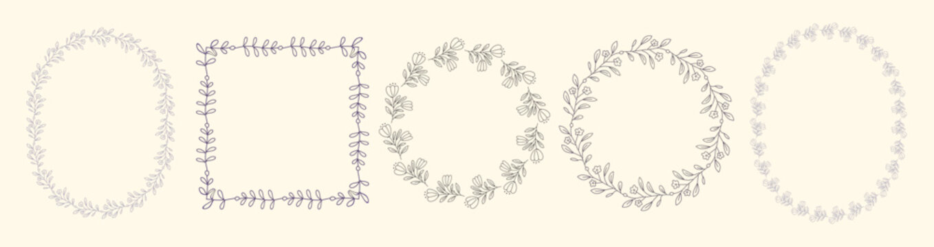 coquette floral hand drawn frame with beautiful flowers, leafs in whimsical blue lines. Spring summer vintage elegant border perfect for wedding, invitation, greeting cards