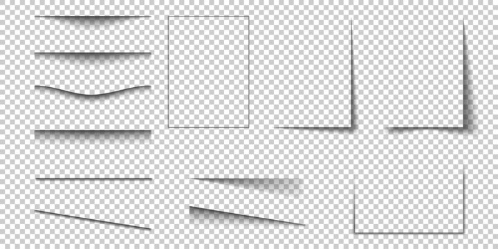 Paper shadow effect. Rectangle box square shadow, realistic transparent label element, banner poster flyer vector shadow set