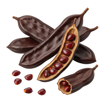 A close up of carob pods both whole and split open revealing vibrant red seeds on transparent background