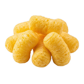 A close up of golden puffed corn snacks irregularly shaped perfect for graphics on transparent background