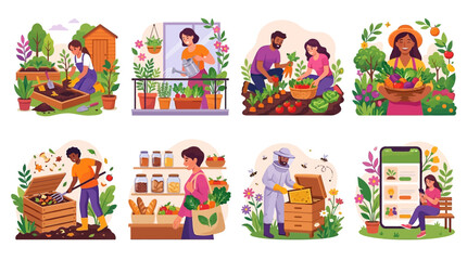 Fototapeta premium This vibrant illustration set highlights sustainable living and eco-friendly gardening practices through a series of engaging and modern visuals.