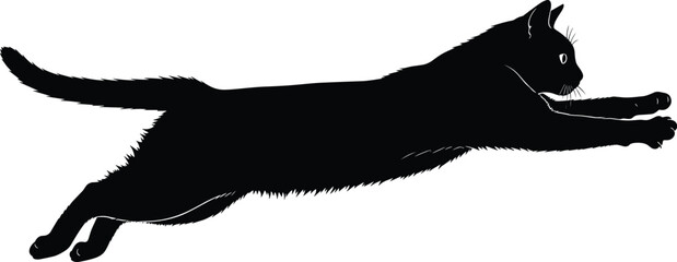 Black cat silhouette jumping in motion, dynamic feline action pose, domestic pet concept, graceful movement, minimal vector illustration isolated on white background © MdHasanAli