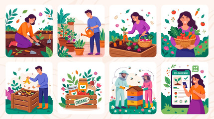 Fototapeta premium This vibrant illustration set highlights sustainable living and eco-friendly gardening practices through a series of engaging and modern visuals.