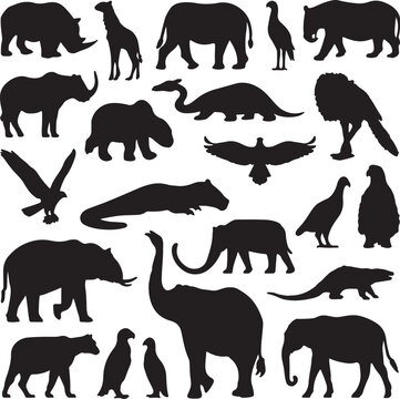 A diverse collection of prehistoric and modern animals in silhouette form