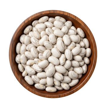 A top down view of white navy beans arranged neatly inside a wooden bowl on transparent background