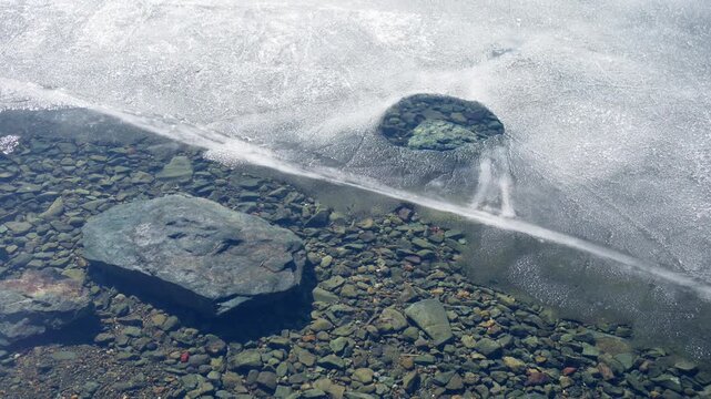 Melting ice on the shore of lake in early spring. Ice floes floating on the water. Colorful stones on the bottom of lake. Beautiful spring nature
