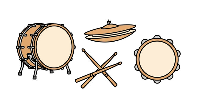 Drum set with sticks and cymbals.