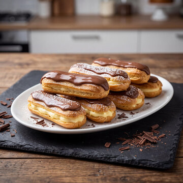 A Decadent Stack of Chocolate Eclairs, Dusted with Powdered Sugar, and Filled with Creamy Custard, Served on a Rustic Wooden Table