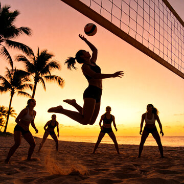 Energetic Women Playing Beach Volleyball Against the Stunning Backdrop of a Golden Sunset and Tropical Palm Trees
