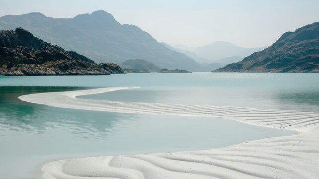 A white sandbar with wavy patterns stretches into calm turquoise water surrounded by misty mountains. Tropical island paradise, exotic travel, summer vacation.