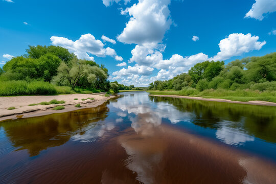 A calm river flows between green banks under a blue sky with fluffy white clouds reflecting in the water. Scenic summer landscape, river nature, outdoor leisure.
