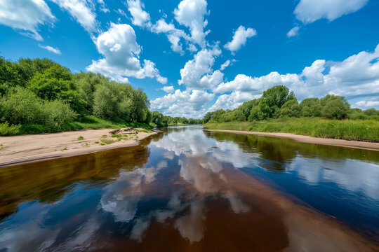 Wide river reflects white fluffy clouds under a bright blue sky surrounded by green trees. Summer landscape, nature river