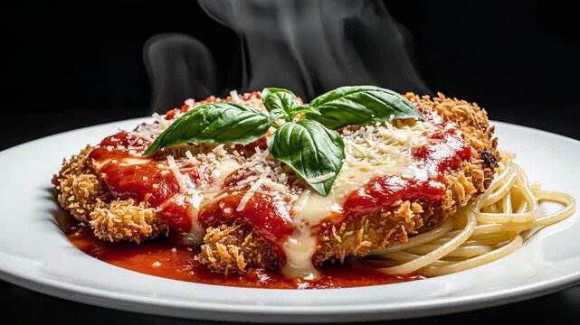 Chicken parmesan placed over a bed of spaghetti with marinara sauce. Steamy scene showcasing food preparation. Concept of restaurants, catering, culinary events