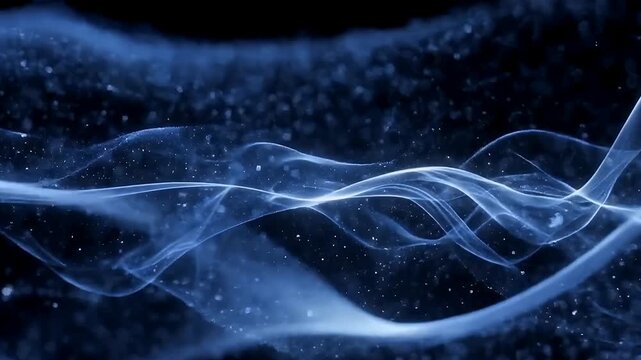 Abstract Blue Sound Wave Frequency Background with Glowing Particles and Light Lines, Digital Music Equalizer Concept on Black Background