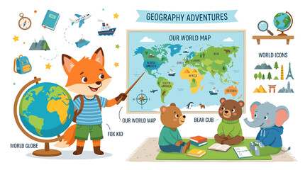 Fototapeta premium Cute Fox Teacher Explains World Map to Animal Students