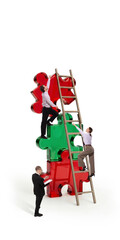 Business people climbing puzzle structure with ladder teamwork challenge. Concept of problem solving strategy, business growth process, team support dynamics, organizational development path. © Lustre Art Group 