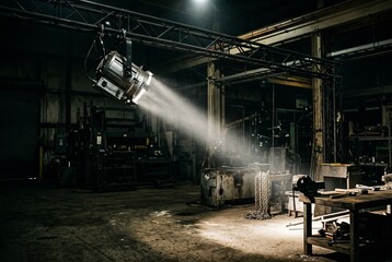 Fototapeta premium Industrial Workshop with Dramatic Lighting and Tools Generative AI.