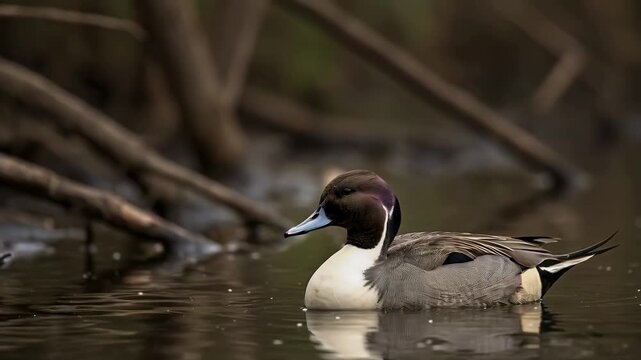 Northern Pintail Duck Swimming Peacefully in Calm Water, Wildlife Photography of Waterfowl Bird in Natural Wetland Pond Environment