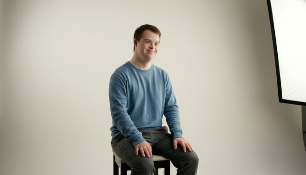 Young caucasian male seated on stool in studio setting. World Down Syndrome Day