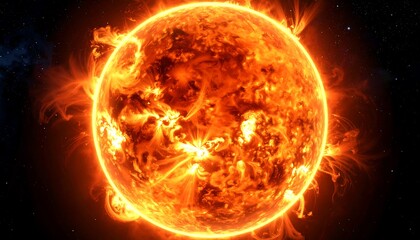 Fototapeta premium Fiery orange celestial body with swirling plasma and intense glowing energy against a dark, speckled background