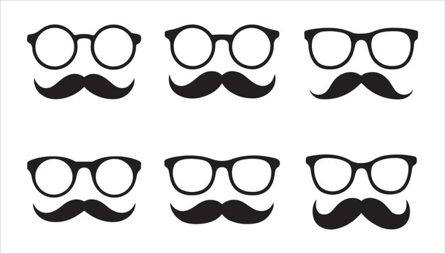 Mustache and glasses black vector icons, isolated on white background set of different shapes.