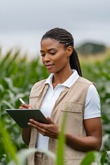 Fototapeta premium Agronomist examines corn plants and takes notes on tablet in the field