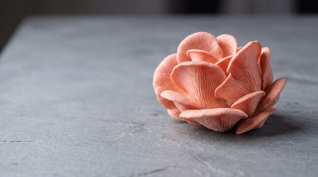 Macro photography of a single pink oyster mushroom on a minimalist gray slate background with copy space