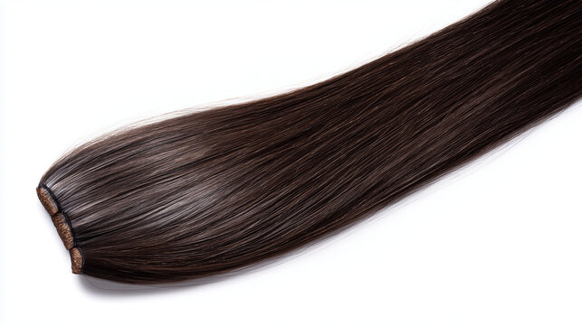 Vue de dessus d'une extension de cheveux professionnelle &agrave; la k&eacute;ratine, de couleur brun fonc&eacute;. Isol&eacute; sur fond blanc