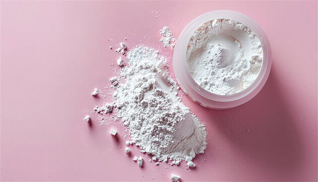сollagen powder spilled on a pink background next to a cosmetic container. Concept of beauty supplements, skincare, anti aging, wellness and nutrition. Minimal aesthetic composition with copy space