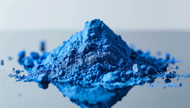 Macro close-up of blue copper peptide powder GHK-Cu. Cosmetic active ingredient used in anti aging skincare, dermatology and biotechnology. Abstract texture cosmetic chemistry and laboratory