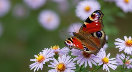 Obraz premium A vibrant red admiral butterfly rests on delicate white and yellow wildflowers