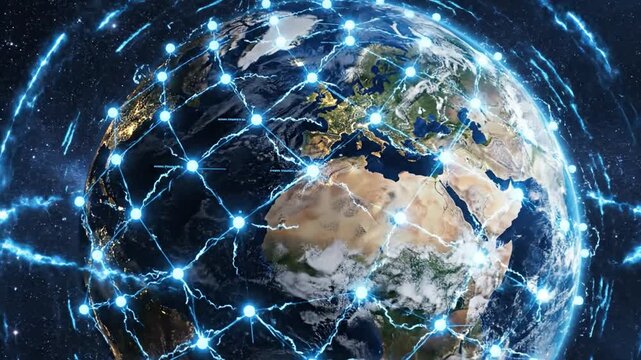 Digital representation of Earth with glowing blue connections and lightning bolts forming a global network in space Keywords: Earth, planet, globe, space, network, connection, global, technology