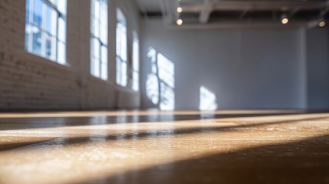 空き部屋の木の床で光と影が踊る