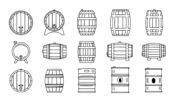 Thin line and flat barrel, keg, and oil drum vector icon set for brewing and beverage illustration