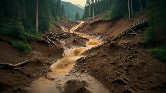 Muddy River Flowing Through a Deforested Area After a Landslide.