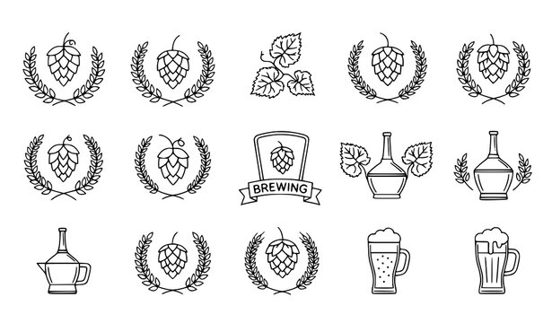 Thin line hops and beer brewing symbol icon set with wheat wreath editable stroke vector illustration