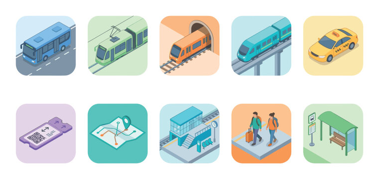 Collection of isometric vector icons representing various urban transportation modes including bus, tram, train, taxi, ticket, map, and bus stop.
