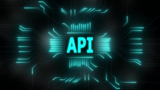 API technology abstract circuit board glowing neon lines data transfer digital network security. Virtual private server with circuit board and processor. Technology concept.