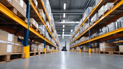 Fototapeta premium Aisle in a warehouse filled with tall pallet racks and stacked boxes on pallets